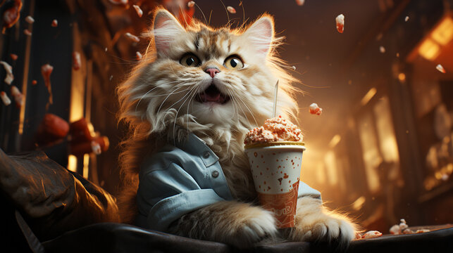 cute cat eating ice cream cones for summer. generative ai