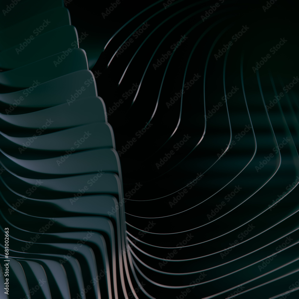 Leinwandbilder Dark digital illustration of a complex abstract pattern consisting of a series of curved lines and shapes. 3d rendering