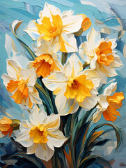 Obraz premium A Painting Of Flowers On A Blue Background - Yellow daffodil flowers in spring