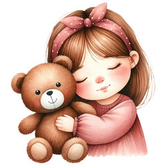 Watercolor Cute Girl Hugging a Teddy Bear