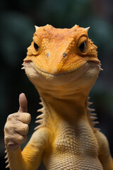yellow lizard doing thumbs up sign smiling to camera with attitude