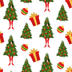Seamless pattern for Christmas. A beautiful girl put on a Christmas tree costume in red tights. Decorated Christmas tree with a gift and a Christmas tree toy. Christmas background on white