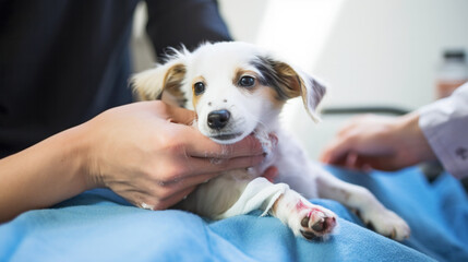 Vet examining dog inspecting health, injured pet, veterinary clinic, Pet on a Check Up Visit in Modern Veterinary Clinic  Caring Doctor,  Animal Clinic, Pet check up and vaccination - obrazy, fototapety, plakaty