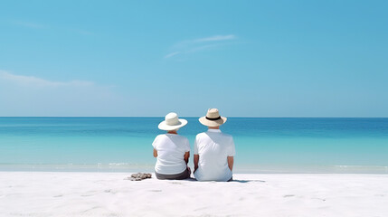Fototapeta na wymiar An elderly couple sitting on the sandy beach, enjoying retirement and pension, with blue sky and sea in the background. Wallpaper for a travel agency for old people