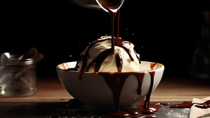 Bowl of vanilla ice cream with chocolate pouring on top - Generative Ai