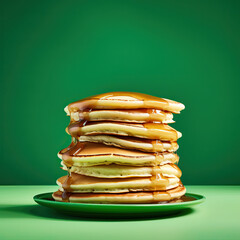 Studio close-up shot of pancakes with syrup isolated on modern green background in celebration of Shrove Tuesday, Pancake Day, Mardi Gras - obrazy, fototapety, plakaty