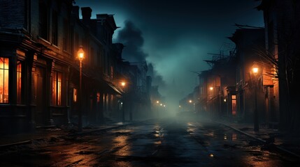 Desolate, dark street shrouded in smoke.