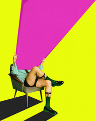Businessman in underwear sitting on arm chair and reading news, wallpaper. Contemporary art. Concept of surrealism, pop art style, creativity. Empty space to insert your space. Complementary colors.