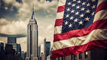 Midtown Manhattan skyline with rippled American flag