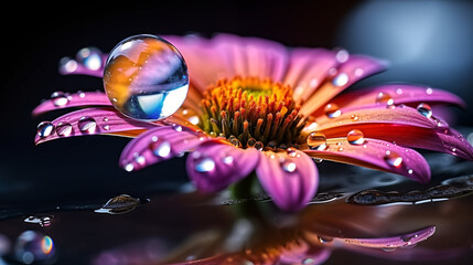A close-up shot of a raindrop on flower, with a focus on reflect