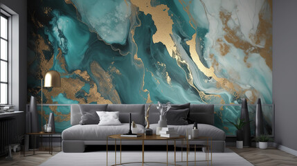 Living room interior with white sofa and Abstract composition featuring paint in shades of gold, and silver blue, expertly crafted in the style of dark black and dark beige - Generative AI
