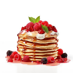 Studio close-up shot of pancakes with syrup isolated on white background in celebration of Shrove Tuesday, Pancake Day, Mardi Gras
