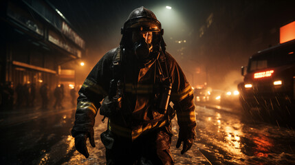 Vigile del fuoco cammina durante un'intervento per spegnere il fuoco in un ambiente urbano di notte con fumo e pioggia - obrazy, fototapety, plakaty
