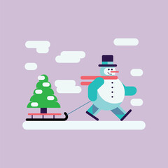 a snowman pulling a Christmas tree on a sleigh, vector ilustration
