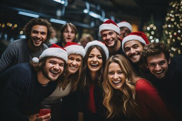 Group of young colleagues celebrating new year party together inside a room decorated with Christmas vibes, enjoy evening party in front of Christmas tree