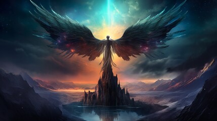 fantastic creature with wings landscape - obrazy, fototapety, plakaty