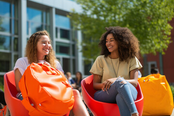 Two college students sit on outdoor public bench talking and laughing having fun on campus ground 
