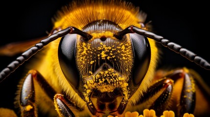 A close-up of a bee covered in pollen, showcasing the golden grains clinging to its body and the...