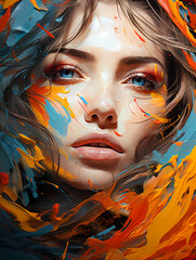 A Woman With Blue Eyes And Orange And Yellow Paint On Her Face - abstract oil painting with thick pen strokes
