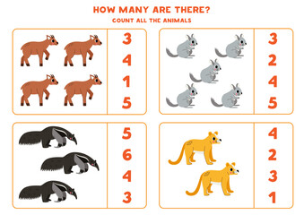Count all South American animals and circle the correct answers.