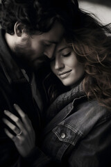 Black and white portrait of a couple. Close up