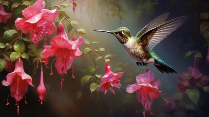 A hummingbird hovering near a cluster of fuchsia-colored fuchsias.