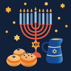 Hanukkah symbols flat vector illustration. Traditional jewish holiday greeting card design. Vector illustration
