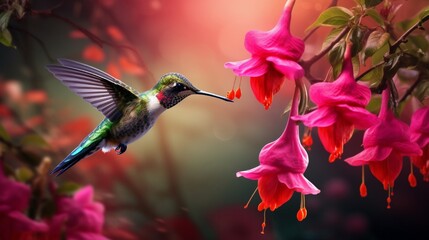 A hummingbird hovering near a cluster of fuchsia-colored fuchsias. - Powered by Adobe