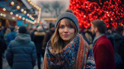 Obraz premium A woman walking down a street wearing a hat and scarf. Generative AI