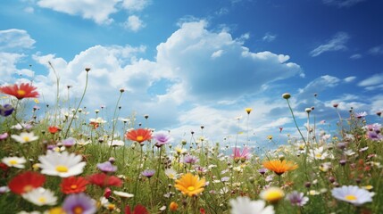 A patch of wildflowers in a meadow under the clear sky. - obrazy, fototapety, plakaty