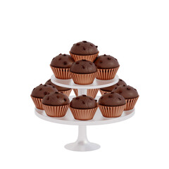 Chocolate Dessert 3D Clipart , set of mini chocolate muffins on a tranparent background . 3D rendering
