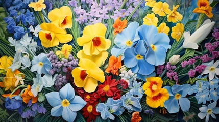 Foto op Canvas A top view of a lush garden featuring a variety of colorful daffodils, pansies, and irises on a sky-blue platform. © Kanwal