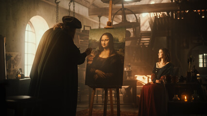 Representation of the Historical Moment of the Genius Leonardo Da Vinci Painting his Muse and Creating his Masterpiece, the Mona Lisa, in his Art Workshop. Pure Talent and Inspiration Put on Canvas