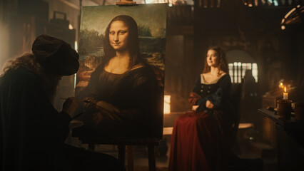Recreation of Historical Moment: Leonardo Da Vinci Adding Details to his Brilliant Painting of the...