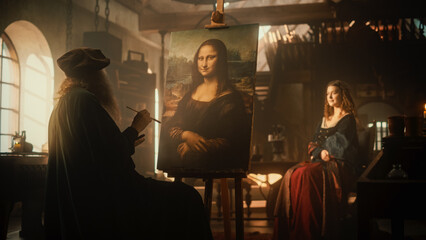 Recreation of Historical Moment: Beautiful Model Giving Life to the Painting of the Mona Lisa By...