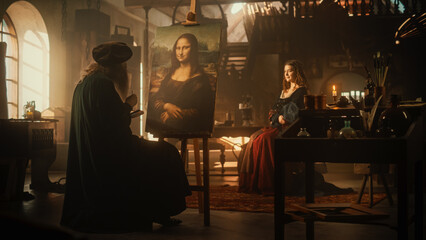 Documentary Shot: Beautiful Model Inspiring Leonardo da Vinci to Paint the Mona Lisa in his Art...