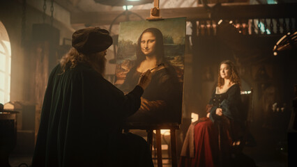 Documentary Shot: Beautiful Model Inspiring Leonardo da Vinci to Paint the Mona Lisa in his Art Studio. Renaissance Era Recreation Footage Full of Inspiration, Talent and Innovation of High Art