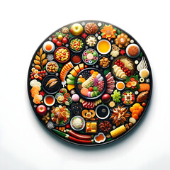 Vibrant Food Mandala Pattern: Assorted Nutritious Meals Artistically Arranged, Colorful Diet Diversity Concept - Ideal for Healthy Lifestyle & Culinary Art Themes