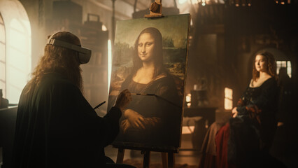 The Past Meets the Future: Back View of Leonardo Da Vinci Creating the Painting of the Mona Lisa on Canvas While Wearing VR Goggles in his Workshop. Futuristic Recreation of Historical Figure