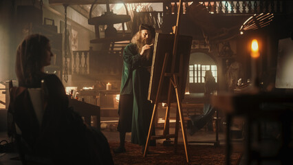 Representation of Historical Era: Wide Portrait of the Genius Leonardo Da Vinci Painting his Muse...