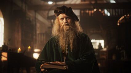 Portrait of an Old Renaissance Male Inventor Reading a Book and Thinking about Ideas of Innovation...