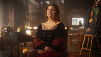 Renaissance Era Representation: Beautiful Young Woman Posing for a Portrait, Looking at the Camera...