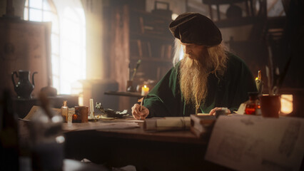 Representation of Historical Figure in Philosophy Writing his Next Book in his Study. Renaissance Scientist Creating the Next Invention that Would Change the Course of History