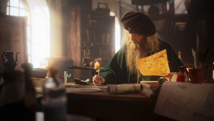 Portrait of an Old Renaissance Male Inventor Writing and Thinking about New Ideas. Dedicated...