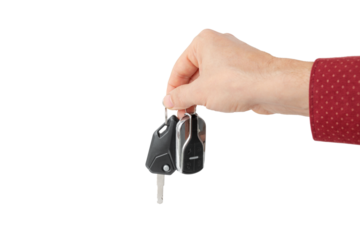 close-up of a businessman's hand handing over a car key, cut out with copy space