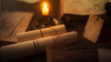 Close Up of Inscriptions and Notes written on Ancient Scrolls for Archive: Research Done By Dedicated Historian Who is Taking Notes, Inventing New Theories, Innovating in his Field - obrazy, fototapety, plakaty