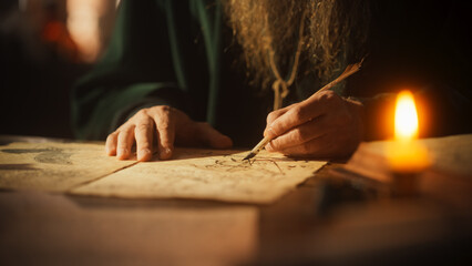 Close Up on Old Renaissance Male Hand Using Ink and Quill to Draw a Blueprint for a New Invention. Dedicated Historian Taking Notes, Writing a Book about the Innovative Eras in the History of Humanity - obrazy, fototapety, plakaty