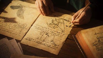 Close Up on Hand of Old Renaissance Male Using Ink and Quill to Write New Ideas. Dedicated Historian Taking Notes, Writing a Book about the Important and Innovative Eras in the History of Humanity - obrazy, fototapety, plakaty