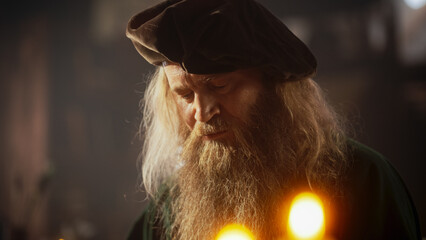 Close Up Portrait of a Traditional Storyteller Thinking and Writing on his Desk with Glowing Candle...