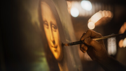 Close Up on Male Painter Hand Painting the Mona Lisa with Gentle Brush Movement. Details of the Famous Painting Being Drawn by its Creator. Pure Talent and Mastery of High Art, Everlasting Beauty - obrazy, fototapety, plakaty